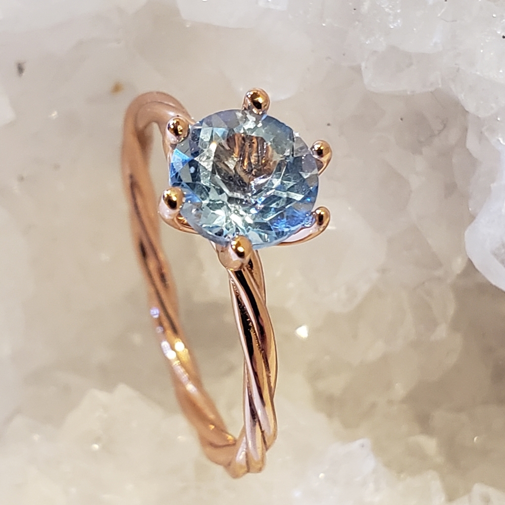 7&8, Topaz Ring, 1.3 ct 18K Rose Gold 925 Silver,  Genuine Blue Topaz.